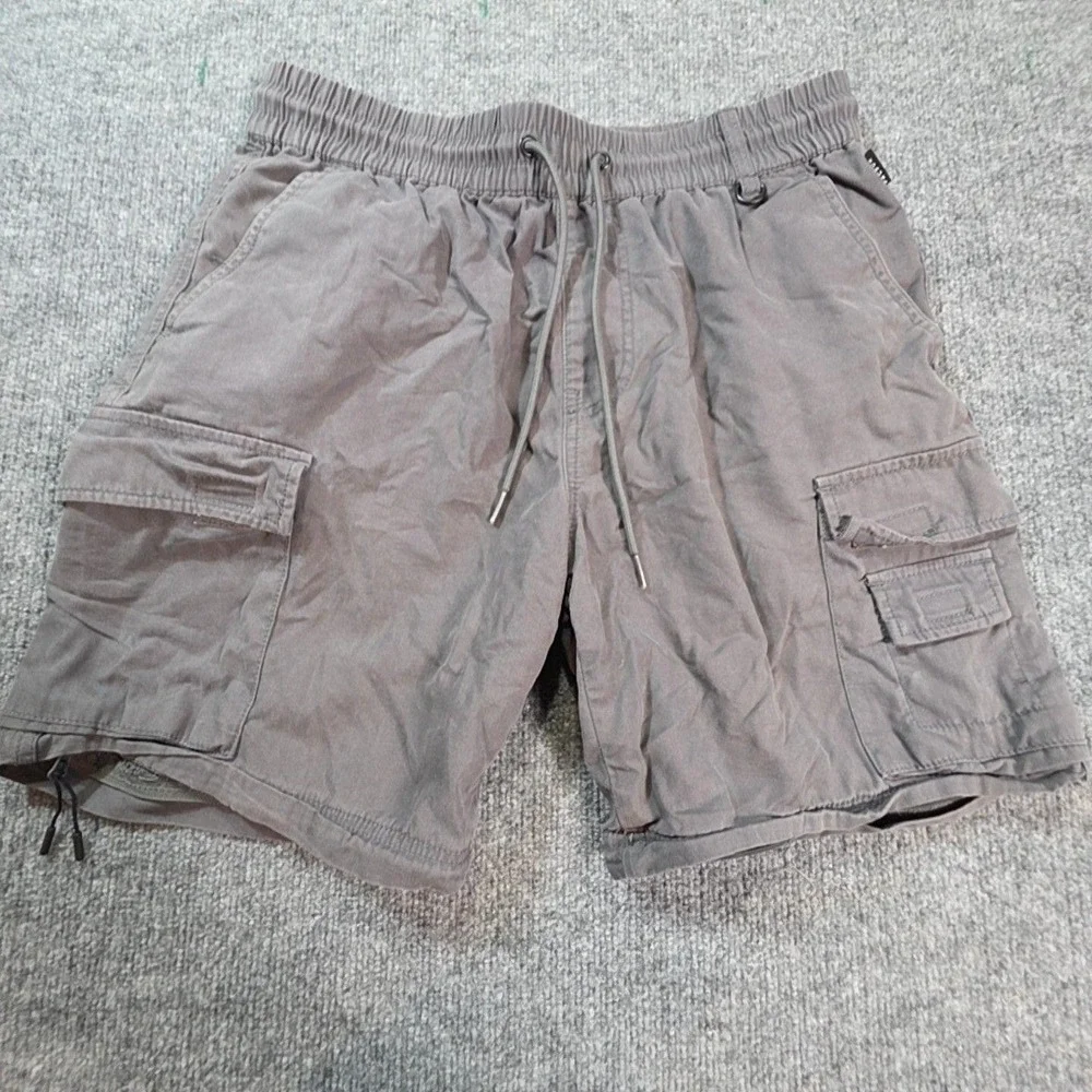 PCSUN Cargo Shorts Mens 33 Gray Canvas Elastic Waist Drawstring Pockets Summer